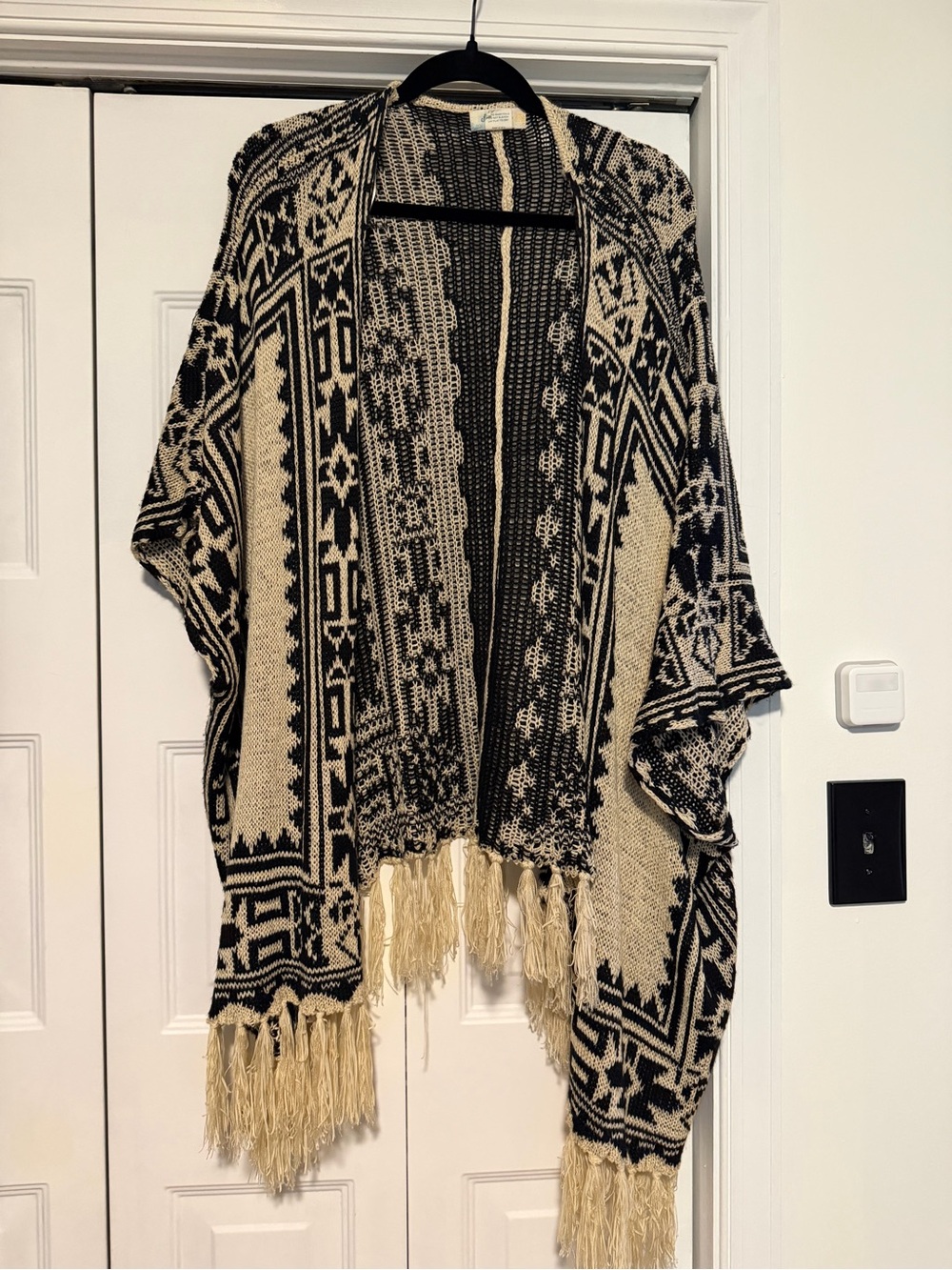Altar'd State Black and Cream Fringe Knit Cardigan